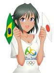  2016 2016_summer_olympics :d absurdres brazil brazilian brazilian_flag breasts cleavage clothes_writing collarbone dark_skin eyebrows eyebrows_visible_through_hair eyelashes flag green_hair highres holding idolmaster idolmaster_cinderella_girls japanese_flag ketagane logo medium_breasts natalia_(idolmaster) olympic_rings olympics open_mouth purple_eyes shirt short_hair short_sleeves smile solo t-shirt upper_body white_shirt 