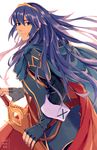 armor artist_name bangs belt blue_armor blue_eyes blue_gloves blue_hair cape commentary cowboy_shot eyebrows eyebrows_visible_through_hair falchion_(fire_emblem) fingerless_gloves fire_emblem fire_emblem:_kakusei gloves hair_between_eyes holding holding_sword holding_weapon long_hair looking_at_viewer looking_back lucina reema_and scabbard sheath sheathed simple_background solo sword tiara weapon white_background 