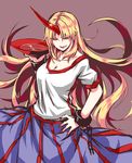  :d alcohol blonde_hair blue_skirt breasts chain cleavage collarbone commentary_request cuffs cup fangs hand_on_hip highres horn hoshiguma_yuugi large_breasts long_hair looking_at_viewer mappe_(778exceed) oni open_mouth pointy_ears red_eyes sakazuki sake shackles shirt short_sleeves skirt smile solo touhou very_long_hair white_shirt 