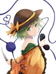  bare_shoulders green_eyes green_hair hat hat_ribbon heart heart_of_string holding holding_phone homo_1121 knife komeiji_koishi long_sleeves looking_at_viewer looking_to_the_side off_shoulder phone ribbon short_hair smile solo third_eye touhou upper_body wide_sleeves 