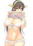  bikini black_hair blush body_mahattaya_ginga breasts cleavage covered_mouth embarrassed frilled_bikini frills hairband haruna_(kantai_collection) headgear huge_breasts kantai_collection long_hair looking_at_viewer navel red_eyes shirt_lift simple_background solo stomach swimsuit white_background white_bikini wristband 