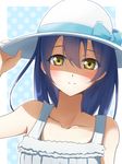  blue_hair blush dress fal hand_on_headwear hat hat_ribbon highres long_hair love_live! love_live!_school_idol_project ribbon smile solo sonoda_umi sun_hat sundress white_dress yellow_eyes 