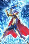  age_of_ishtaria blue_eyes cape crystal electricity fighting_stance gauntlets holding holding_sword holding_weapon legs_apart male_focus official_art ryuga_(balius) solo standing sword watermark weapon white_hair 