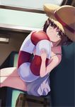  bangs bare_arms blowing brown_eyes brown_hair collarbone commentary_request dress from_above from_side ground_vehicle hat hat_ribbon holding innertube kantai_collection red_ribbon ribbon sakimiya_mafu shade short_hair sitting sleeveless sleeveless_dress solo straw_hat suitcase sundress train_interior white_dress window yukikaze_(kantai_collection) 