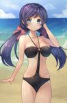  beach bikini black_bikini blush bow breasts day green_eyes hair_bow highres large_breasts long_hair looking_at_viewer love_live! love_live!_school_idol_project low_twintails motokonut purple_hair smile solo swimsuit toujou_nozomi twintails 