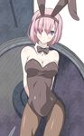  animal_ears arms_behind_back bare_shoulders blue_eyes bow bowtie breasts bunny_ears bunnysuit cleavage detached_collar fate/grand_order fate_(series) large_breasts mash_kyrielight pantyhose purple_hair shield solo tsukumo 