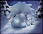  2016 alolan_ninetales asaneman ass_up belly big_belly big_butt blue_eyes blue_fur butt canine digestion female feral fox fur happy hi_res hyper hyper_belly lying mammal multi_tail ninetales nintendo on_front pok&eacute;mon post_vore pussy snow sound_effects video_games vore wide_hips 