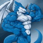  abs animated anthro biceps big_muscles blue_scales blue_skin claws digimon exveemon fangs featureless_crotch flexing grey_scales horn huge_muscles male markings muscular muscular_male nude pecs pose scales solo standing sweat teeth vein waddledox white_scales wings 