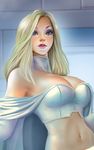 blonde_hair blue_eyes breasts cape cleavage didi_esmeralda emma_frost large_breasts lips lipstick long_hair looking_at_viewer makeup marvel midriff navel nose solo upper_body x-men 