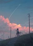  ahoge animal bag bicycle bicycle_basket bird black_hair black_legwear blue_sky cloud condensation_trail evening from_behind grass grey_skirt ground_vehicle guweiz kneehighs outdoors over_shoulder power_lines red_scarf road_sign rocket scarf scenery shirt short_hair short_sleeves sign skirt sky solo sparkle stairs telephone_pole white_shirt wide_shot 