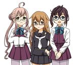  &gt;:( :d ahoge bow bowtie brown_eyes brown_hair commentary_request double_bun frown glasses green_eyes highres hoshino_banchou kantai_collection long_hair looking_at_viewer makigumo_(kantai_collection) mochizuki_(kantai_collection) multiple_girls okinami_(kantai_collection) one_side_up open_mouth pantyhose pink_hair pleated_skirt school_uniform serafuku skirt sleeves_past_fingers sleeves_past_wrists smile trait_connection twintails v-shaped_eyebrows v_arms 