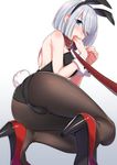  ;o alternate_costume animal_ears ass bad_id bad_twitter_id bare_shoulders black_legwear black_leotard blue_eyes blush breasts bunny_ears bunny_girl bunny_tail bunnysuit collar dog_lead eyes_visible_through_hair fake_animal_ears from_behind hair_over_one_eye hamakaze_(kantai_collection) kantai_collection kneeling kyuuso_inukami leotard looking_back medium_breasts one_eye_closed open_mouth pantyhose red_footwear restrained shoes short_hair silver_hair simple_background solo tail white_background wrist_cuffs 