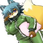  anthro big_breasts blue_hair breasts canine concon-collector female fox fur hair inner_ear_fluff lazy_fox_nyuuto mammal pillow simple_background solo tmarusu white_background 
