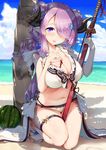 :p beach between_breasts between_legs bikini blush breasts cleavage day draph food fruit granblue_fantasy highres horns kasappi katana large_breasts lavender_hair long_hair looking_at_viewer narmaya_(granblue_fantasy) navel ocean pointy_ears purple_eyes sandals solo swimsuit sword tongue tongue_out twintails watermelon weapon white_bikini 