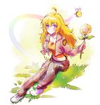  ahoge amputee bee blonde_hair bug curly_hair flower full_body grass iesupa insect long_hair purple_eyes rwby solo spoilers sunflower yang_xiao_long 
