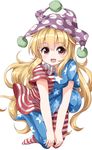  :d american_flag_dress american_flag_legwear bad_id bad_twitter_id blonde_hair blush breasts clownpiece commentary_request eyebrows_visible_through_hair frilled_shirt_collar frills full_body hair_between_eyes hat highres jester_cap leaning_forward long_hair looking_at_viewer medium_breasts neck_ruff no_shoes open_mouth pantyhose pink_eyes polka_dot polka_dot_hat print_legwear purple_hat ruu_(tksymkw) short_sleeves simple_background smile solo star star_print striped striped_legwear touhou v_arms very_long_hair white_background 