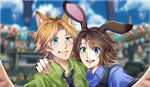  1girl 8134_ksrg absurdres animal_ears blonde_hair brown_hair cosplay final_fantasy final_fantasy_x heterochromia highres judy_hopps judy_hopps_(cosplay) nick_wilde nick_wilde_(cosplay) parody self_shot tidus yuna_(ff10) zootopia 