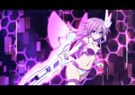  blue_eyes breasts elbow_gloves gloves hair_ornament large_breasts letterboxed long_hair looking_at_viewer mizunashi_(second_run) navel nepgear neptune_(series) pink_hair purple_sister smile solo symbol-shaped_pupils weapon 