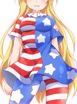  absurdres american_flag american_flag_dress american_flag_legwear arms_at_sides ass_visible_through_thighs blonde_hair blush breasts clenched_hands close-up clownpiece contrapposto dress frilled_shirt_collar frills head_out_of_frame highres hiro_(pqtks113) impossible_clothes long_hair medium_breasts no_wings pantyhose parted_lips pink_eyes short_dress short_sleeves smile solo standing striped striped_legwear touhou very_long_hair 