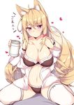  ahoge animal_ears bare_shoulders black_bra black_panties blonde_hair blush bra breasts buttons cleavage collarbone eyebrows eyebrows_visible_through_hair fox_ears fox_tail hair_between_eyes hand_on_own_chest haruyuki_(yukichasoba) heart holding large_breasts legs_apart long_sleeves looking_at_viewer multiple_tails navel off_shoulder open_clothes open_shirt original panties pink_eyes shiny shiny_skin shirt solo stomach straddling tail teardrop text_focus thighhighs translation_request unbuttoned unbuttoned_shirt underwear upright_straddle white_legwear white_shirt 