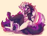  anthro black_fur black_hair black_nose breasts canine duo eyes_closed female fur hair licking lukiri male male/female mammal nude open_mouth pawpads simple_background sitting teeth tongue tongue_out white_fur white_hair wolf 