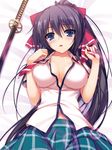  black_hair blue_eyes blush breasts katana koakuma_teeri_to_kyuuseishu!? large_breasts long_hair looking_at_viewer lying non-web_source ponytail school_uniform solo sword tomose_shunsaku weapon white_background 