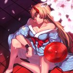  alcohol bare_shoulders barefoot blonde_hair breasts chain cherry_blossoms cleavage collarbone cuffs cup floral_print from_above hoshiguma_yuugi japanese_clothes jpeg_artifacts kaiza_(rider000) kimono looking_at_viewer medium_breasts obi off_shoulder red_eyes sakazuki sake sash sitting smile solo touhou 