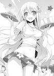  blush elise_(koakuma_teeri_to_kyuuseishu!?) greyscale hair_ornament koakuma_teeri_to_kyuuseishu!? long_hair looking_at_viewer midriff monochrome non-web_source open_mouth shirt smile solo_focus swimsuit tied_shirt tomose_shunsaku 