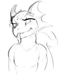  anthro black_and_white dotkwa half-closed_eyes kobold looking_at_viewer male monochrome nude scalie simple_background sketch smile solo tongue tongue_out 