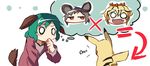  blonde_hair commentary crossover directional_arrow finger_to_mouth gen_1_pokemon green_hair grey_hair kapiten70 kasodani_kyouko multiple_girls nazrin pikachu pokemon pokemon_(creature) tail thinking thought_bubble toramaru_shou touhou 