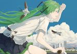  :d animal bangs bare_arms bicycle bird black_skirt building canal cloud collared_shirt day floating_hair from_side green_hair ground_vehicle hair_ornament hatsune_miku house long_hair miniskirt open_mouth outdoors pleated_skirt power_lines riding shading_eyes shirt short_sleeves skirt sky smile solo transmission_tower vocaloid white_shirt yushika 