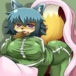  anthro bedding big_breasts blanket blue_hair breasts canine clothing concon-collector female fox fur green_background hair inner_ear_fluff jumpsuit lazy_fox_nyuuto mammal pillow simple_background solo tmarusu 
