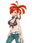  asuna_(pokemon) breasts cleavage crop_top denim groin large_breasts long_hair looking_at_viewer midriff navel pants pokemon pokemon_(game) pokemon_oras ponytail red_eyes red_hair smile solo white_background zaitsu 