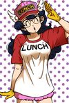  arm_up blue_hair closed_eyes contrapposto cosplay cowboy_shot curly_hair dr._slump dragon_ball dragon_ball_(classic) glasses gloves hanada_(lnnete01-1c11fe) hat head_tilt lunch_(dragon_ball) norimaki_arale norimaki_arale_(cosplay) open_mouth polka_dot polka_dot_background shirt short_shorts shorts solo standing t-shirt winged_hat yellow_gloves 