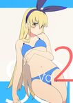  alternate_costume bikini blonde_hair blue_bikini breasts cover cover_page doujin_cover kantai_collection long_hair looking_at_viewer navel shimakaze_(kantai_collection) sitting small_breasts sohin solo swimsuit yellow_eyes 