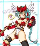  1girl armor artist_request bikini_armor black_legwear blush braid breasts female green_hair helmet long_hair mirim queen&#039;s_blade queen&#039;s_blade_rebellion solo sword weapon winged_helmet 