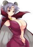  1girl big_breasts breasts cacaon chuu-tan cleavage cloak curvy etotama frown grey_hair large_breasts long_hair navel red_eyes solo wide_hips 