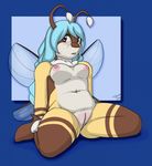  2016 arthropod bee blue_hair breasts clitoral_hood female hair insect kneeling nude os pussy slightly_chubby solo spread_legs spreading wings 