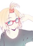  alice_margatroid arm_up bespectacled black_shirt blue_eyes collarbone colored_eyelashes glasses hair_tie nirap red-framed_eyewear shirt short_hair simple_background solo t-shirt topknot touhou upper_body white_background 