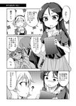  bangs blush clipboard comic cup dress greyscale hairband hands_on_own_chest holding holding_cup idolmaster idolmaster_cinderella_girls kurinton long_hair monochrome multiple_girls pink_hairband sakuma_mayu sakurai_momoka short_hair skirt tachibana_arisu tada_riina teacup translated 