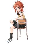  1girl bangs black_legwear black_skirt blue_eyes blush brown_hair chair closed_mouth collared_shirt eyebrows_visible_through_hair full_body hair_ribbon high_ponytail highres koshigaya_natsumi looking_at_viewer looking_to_the_side neck_ribbon non_non_biyori on_chair pleated_skirt ponytail red_ribbon ribbon school_chair shika_(s1ka) shirt shoes short_sleeves simple_background sitting skirt smile socks solo sweater_vest uwabaki white_background white_footwear white_ribbon white_shirt 