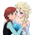  anime_coloring anna_(frozen) aqua_eyes bare_shoulders blonde_hair blush braid disney elsa_(frozen) eye_contact freckles frozen_(disney) fujimaru_(kinakomucch) green_eyes holding_hands incest interlocked_fingers long_hair looking_at_another multiple_girls red_hair siblings simple_background single_braid sisters white_background yuri 