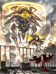  cable cityscape cloud cloudy_sky commentary destruction dress explosion gia grey_hair halo high_heels highres leaning_back long_hair looking_afar mecha original railing red_eyes robot scp-2000 scp_foundation silver_hair sky solo white_dress wings 