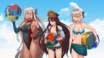  3girls absurdres afba ahoge ball beachball bikini black_bikini black_bow black_hair blonde_hair bow breasts choker closed_mouth competition_swimsuit covered_navel cowboy_shot dark_skin day detached_sleeves fate/grand_order fate_(series) front-tie_bikini front-tie_top hair_between_eyes hair_bow hand_on_hip highres holding holding_ball huge_filesize jacket long_hair long_sleeves looking_at_another looking_up medium_breasts multiple_girls navel oda_nobunaga_(fate) okita_souji_(alter)_(fate) okita_souji_(fate) okita_souji_(fate)_(all) one-piece_swimsuit open_clothes open_jacket open_mouth outdoors red_choker red_eyes sarong short_hair sideboob silver_hair sky smirk swimsuit tassel tied_hair very_long_hair wavy_mouth yellow_eyes 