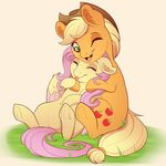  applejack_(mlp) blonde_hair cutie_mark earth_pony equine evehly eyelashes eyes_closed feathered_wings feathers female feral fluttershy_(mlp) freckles friendship_is_magic fur hair hat horse mammal my_little_pony nude open_mouth orange_fur pegasus pink_hair pony sitting smile teeth tongue wings yellow_fur 