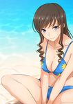 amagami bare_arms bare_legs bare_shoulders beach between_legs bikini blue_bikini blue_eyes breasts brown_hair cleavage closed_mouth collarbone drill_hair hand_between_legs highres kishida-shiki knees_apart_feet_together long_hair looking_at_viewer medium_breasts morishima_haruka navel ocean outdoors sand shore sitting smile solo spread_legs stomach swimsuit twin_drills v_arms water 