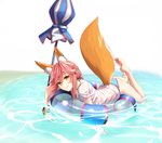  afloat animal_ears ass bare_legs barefoot bikini blue_bikini blush breasts brown_eyes cleavage closed_mouth closed_umbrella fate/grand_order fate_(series) fox_ears fox_tail full_body highres hinomoto_madoka innertube leg_up long_hair looking_at_viewer lying medium_breasts no_pants on_stomach outstretched_leg pink_hair scrunchie shirt simple_background smile solo swimsuit t-shirt tail tamamo_(fate)_(all) tamamo_no_mae_(fate) tamamo_no_mae_(swimsuit_lancer)_(fate) umbrella water wet wet_clothes wet_shirt wet_t-shirt white_background white_shirt wrist_scrunchie 