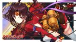  &gt;:) ahoge bad_id bad_pixiv_id brown_hair brown_ribbon commentary_request copyright_name dual_wielding hair_ribbon highres holding japanese_clothes juliet_sleeves kimono kofboy koutetsujou_no_kabaneri leaning_forward long_sleeves looking_at_viewer mumei_(kabaneri) over-kneehighs puffy_sleeves red_eyes ribbon short_hair short_kimono smile solo striped striped_legwear thighhighs v-shaped_eyebrows 