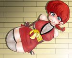  1girl bare_shoulders blue_eyes blush bondage braid breasts clenched_teeth eyebrows eyebrows_visible_through_hair feet fishnet_legwear fishnets gul-fuh japanese_clothes large_breasts legs looking_at_viewer makeup ranma-chan ranma_1/2 red_hair restrained rope sandals saotome_ranma single_braid solo thighs 