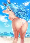  absurdres adjusting_clothes animal_ears ass beach bikini blue_hair blue_sky blush breasts cloud covered_mouth crotch_seam day dripping embarrassed erune eyebrows eyebrows_visible_through_hair ferry_(granblue_fantasy) granblue_fantasy hand_on_own_shoulder highres leaning_forward lens_flare long_hair looking_back micro_bikini ocean outdoors profile see-through side-tie_bikini sideboob skindentation sky small_breasts solo standing string_bikini summer swimsuit tahnya water wavy_hair wet wet_hair white_bikini yellow_eyes 